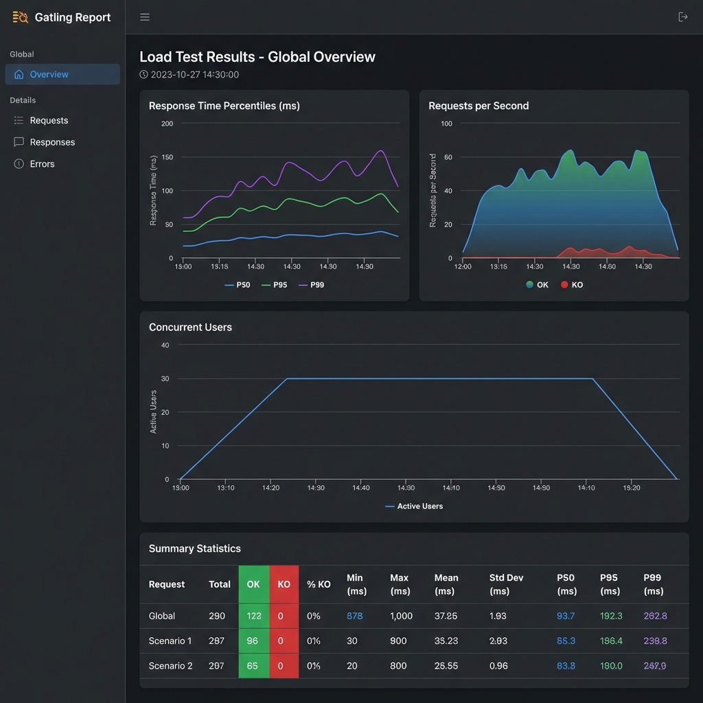 Example of a Gatling performance test report showing response time distribution, throughput, and percentile charts