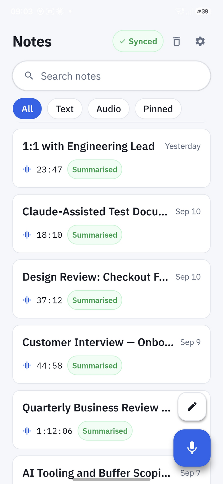 Invisoft Notes Android app: the list of recorded notes with their state