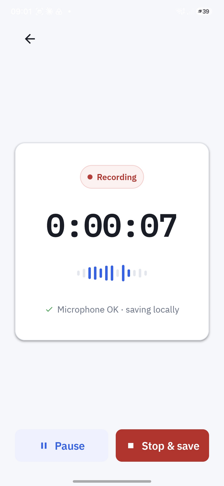Android app while recording: elapsed time, level meter, pause and stop buttons