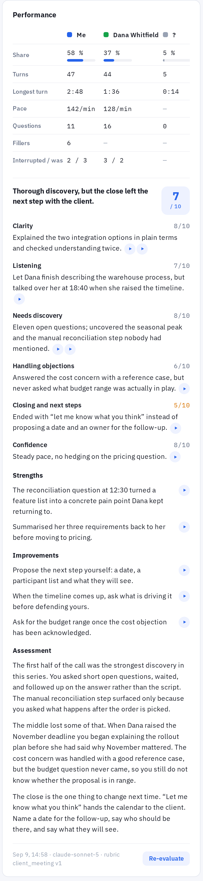 Performance card on a recording: speaker comparison table, score per criterion, strengths, improvements and the written assessment