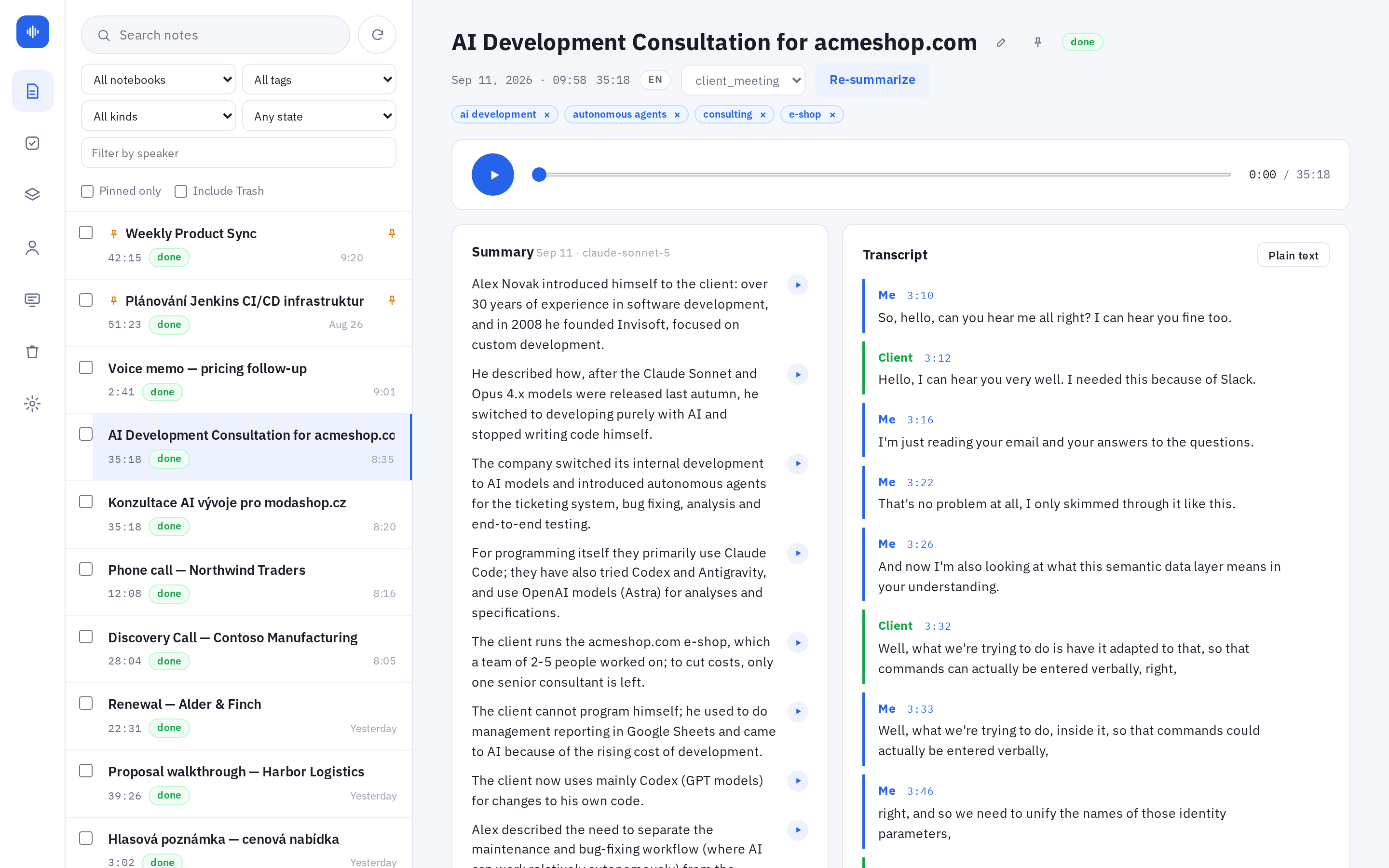 Invisoft Notes web app: a client meeting recording with the summary, decisions and speaker-labelled transcript