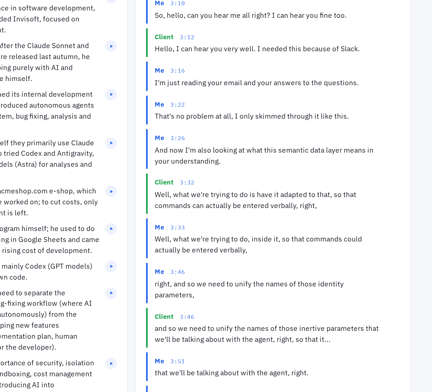 Summary with play buttons on every item, decisions, and a speaker-labelled transcript with timestamps