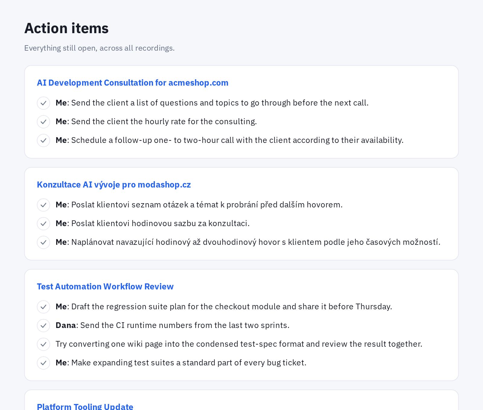 Action items page: open tasks grouped by recording with checkboxes